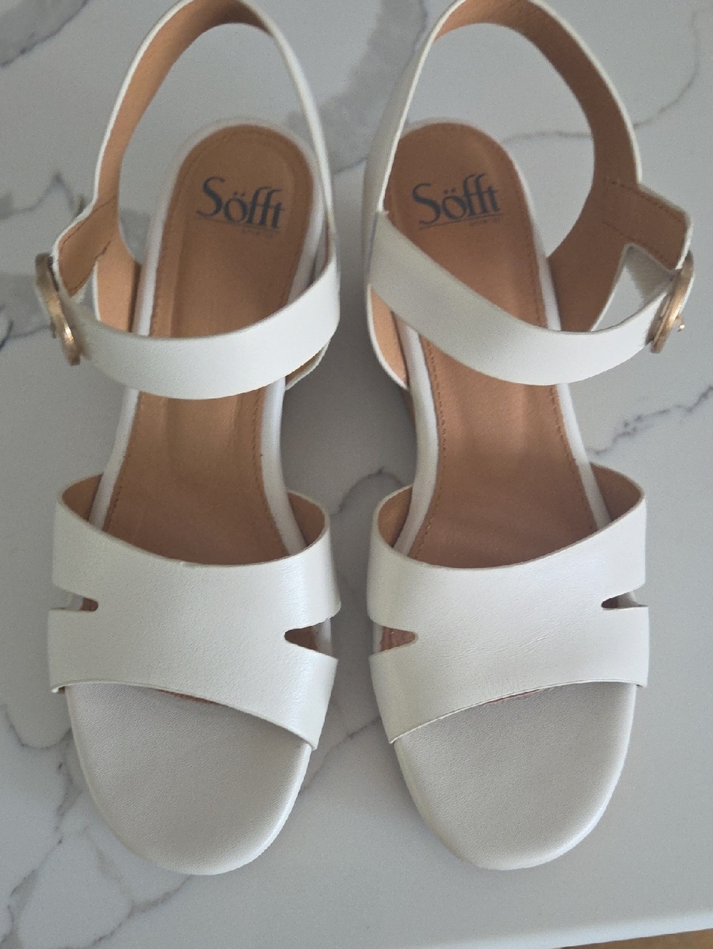 Söfft White Leather Open-Toe Slingback Sandals with Gold Buckle Velcro Closure
